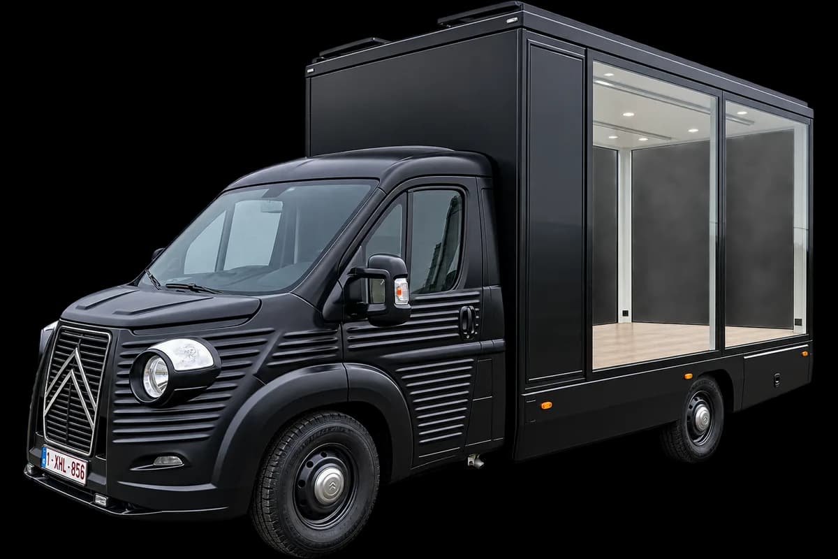 Camion vitrine Citroën noir, large baie vitrée latérale sur toute la caisse