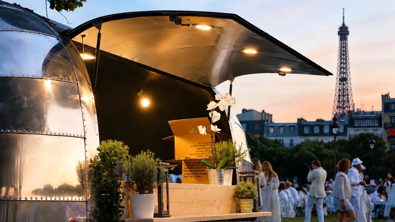 Caravane Airstream aménagée en bar, ouverte sur une foule vêtue de blanc, tour Eiffel en arrière-plan au coucher du soleil