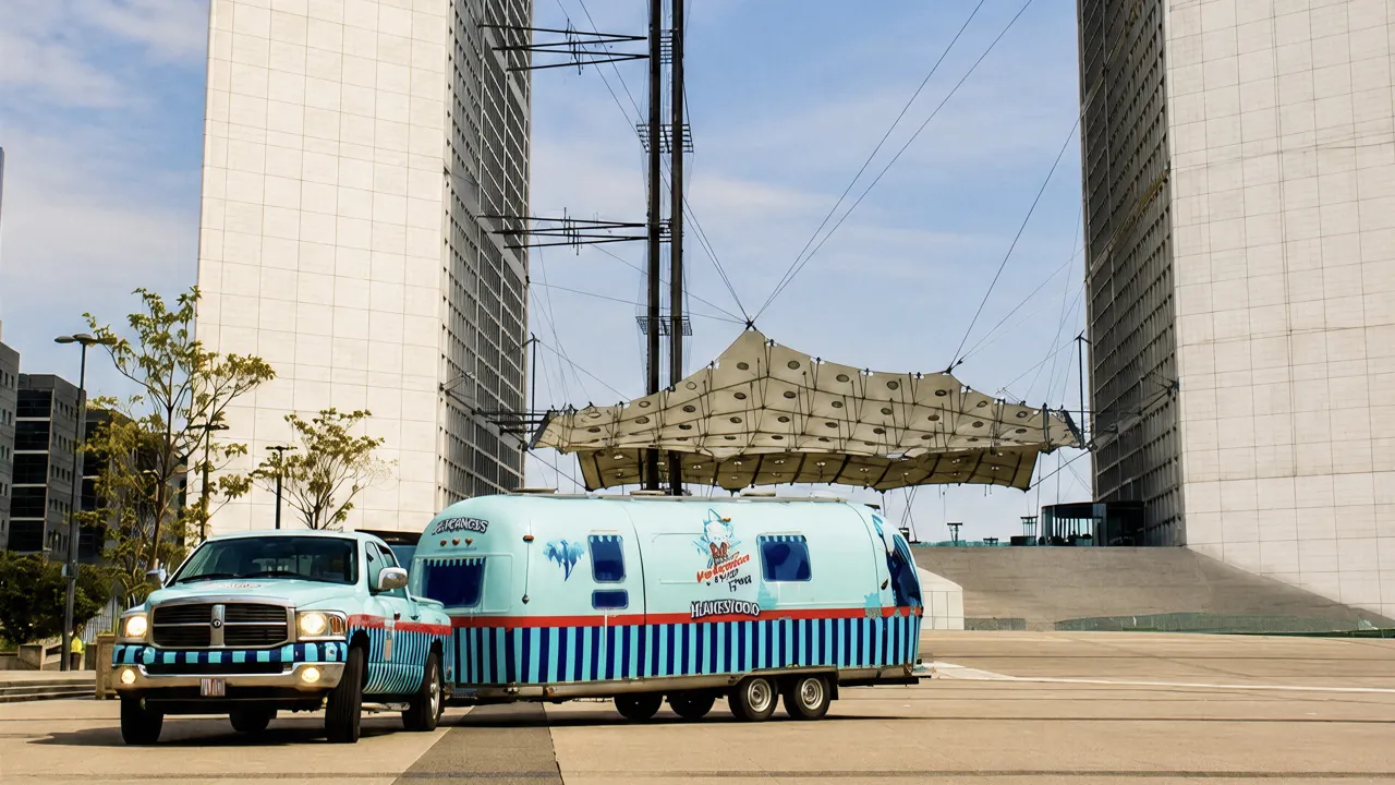 Caravane Airstream habillée Hearthstone tractée par un pick-up sous la Grande Arche de La Défense