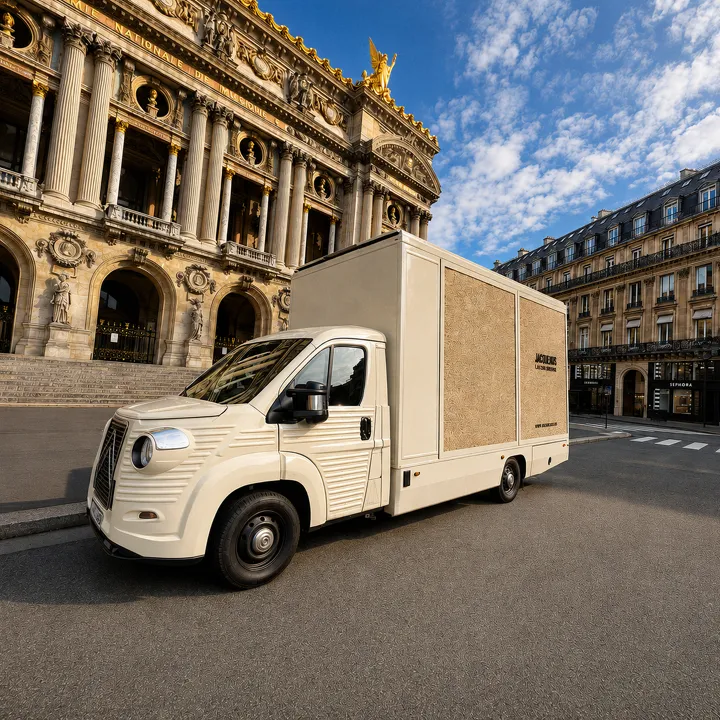Camion vitrine blanc devant l'Opéra Garnier, vue de trois quarts avant